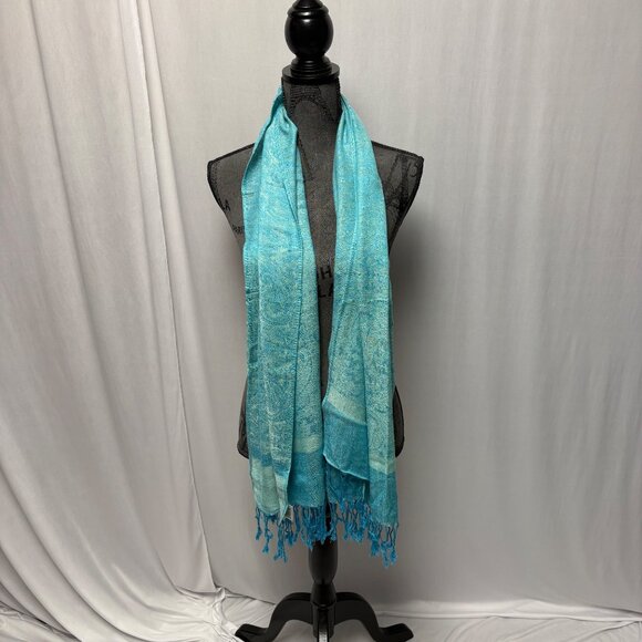 Pashmina Turquoise Scarf Fringed Wrap Lightweight Elegant Soft 27in x 65in NEW - Picture 2 of 8